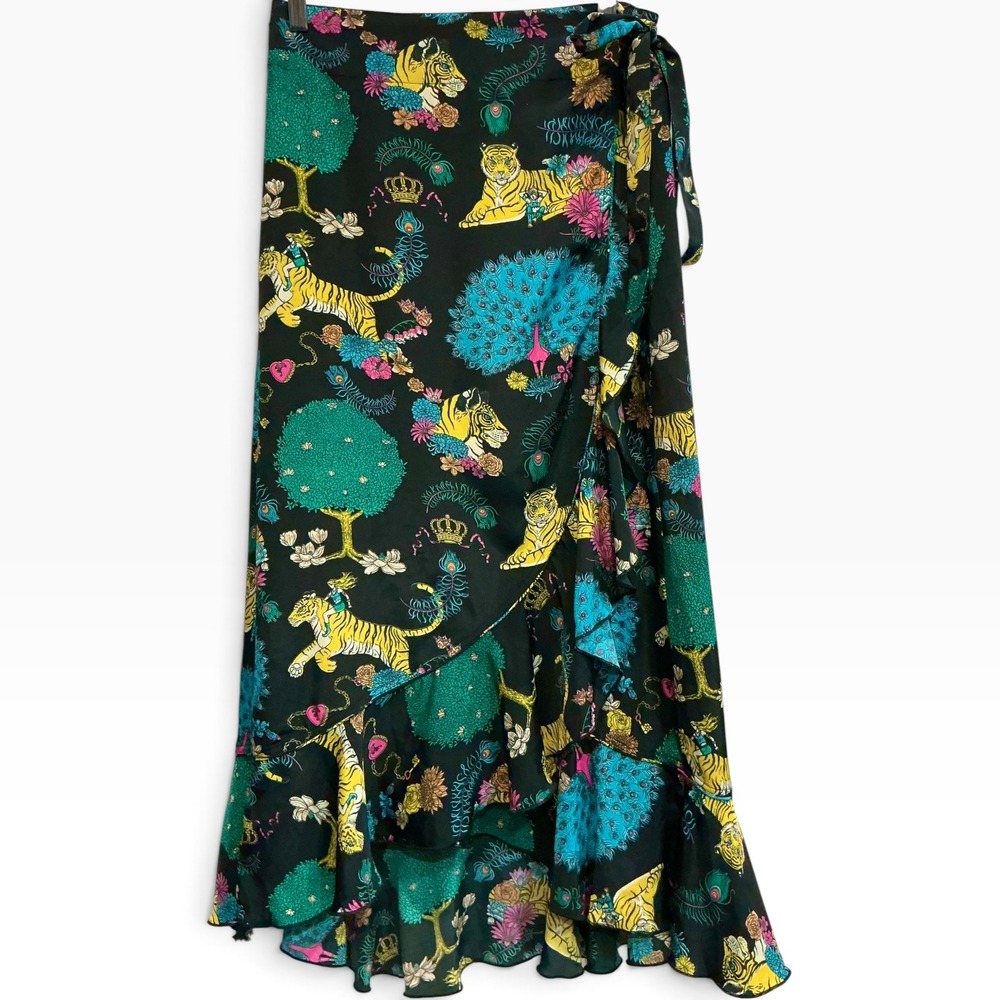 Stardust Tiger Peacock Wrap Maxi Skirt Whimsical Storybook Satin Black Small